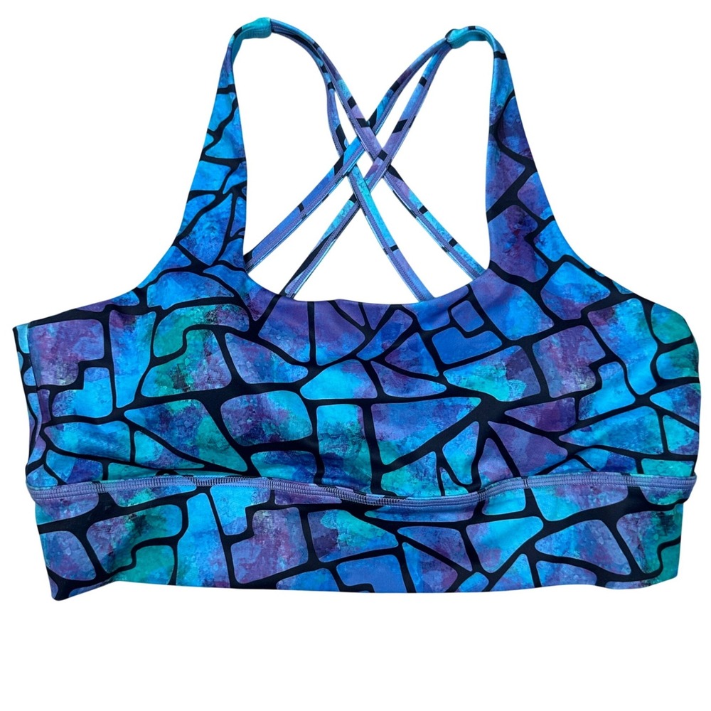 CVG Stained Glass Sports Bra Women XXL Blue Purple Strappy Longline Yoga Gym Fit